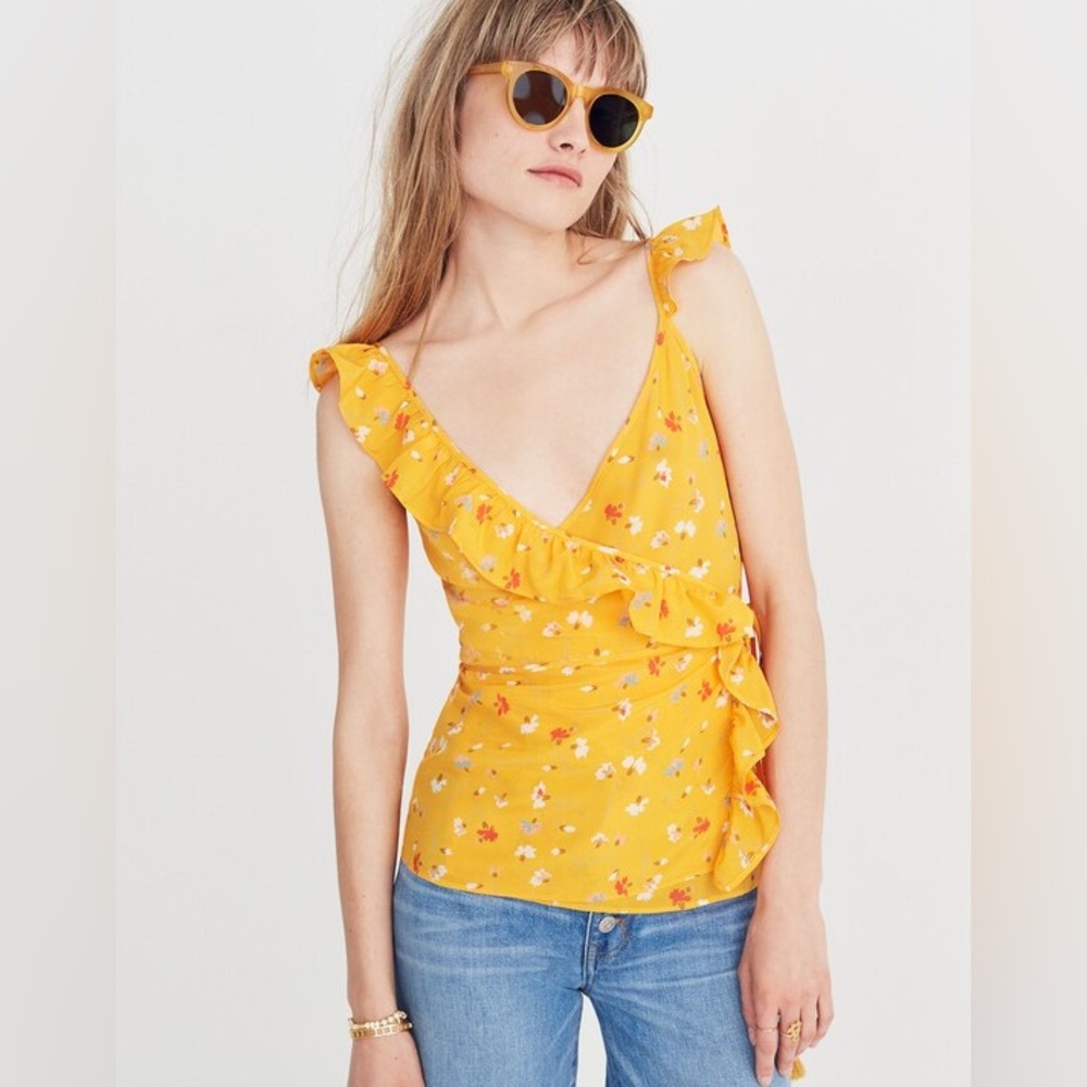 NWT-  Madewell Painted‎ Carnations Silk Wrap Top Yellow Floral Print Sz: 0